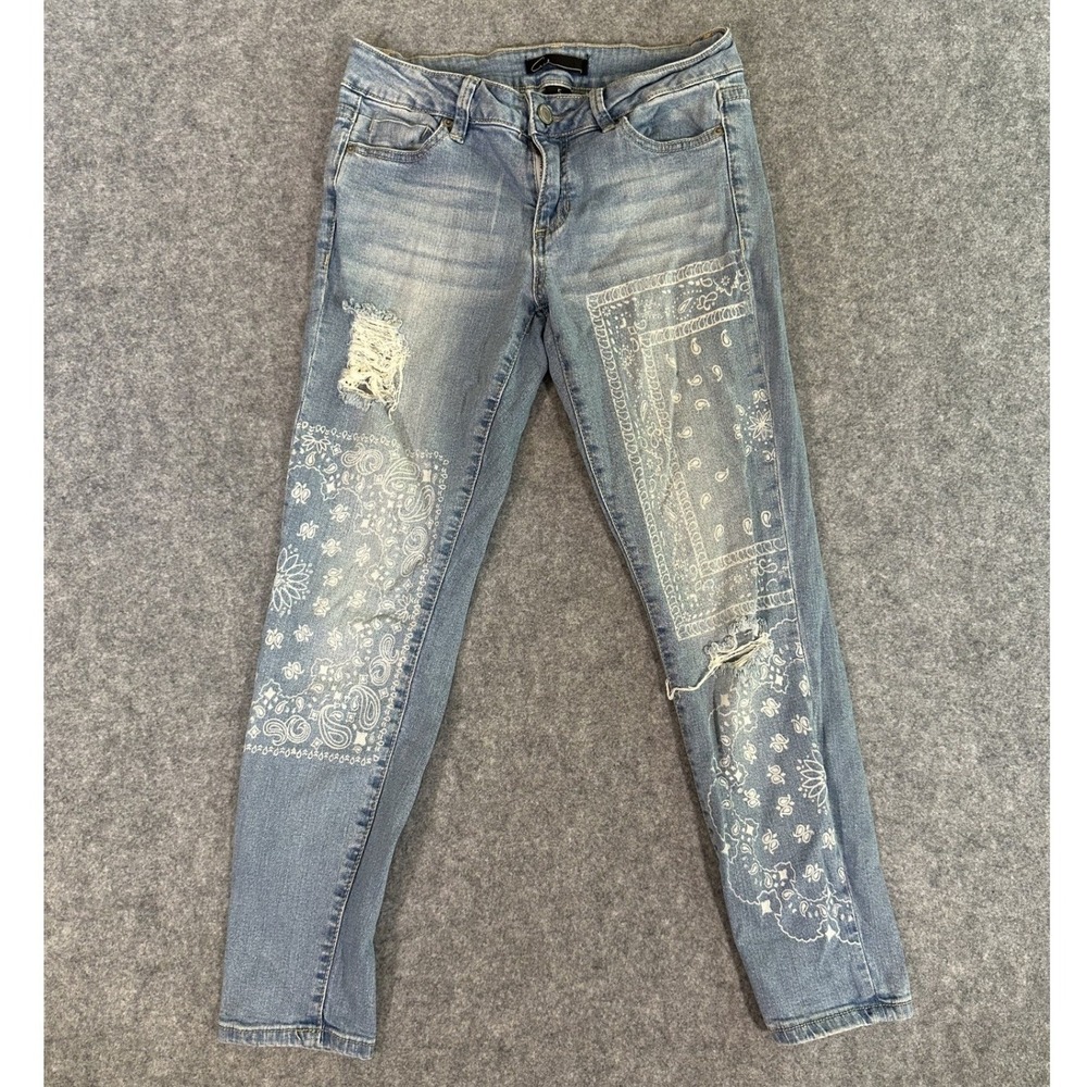 Cred Distressed Bandana Print Skinny Jeans 5 Blue Paisley‎ Denim